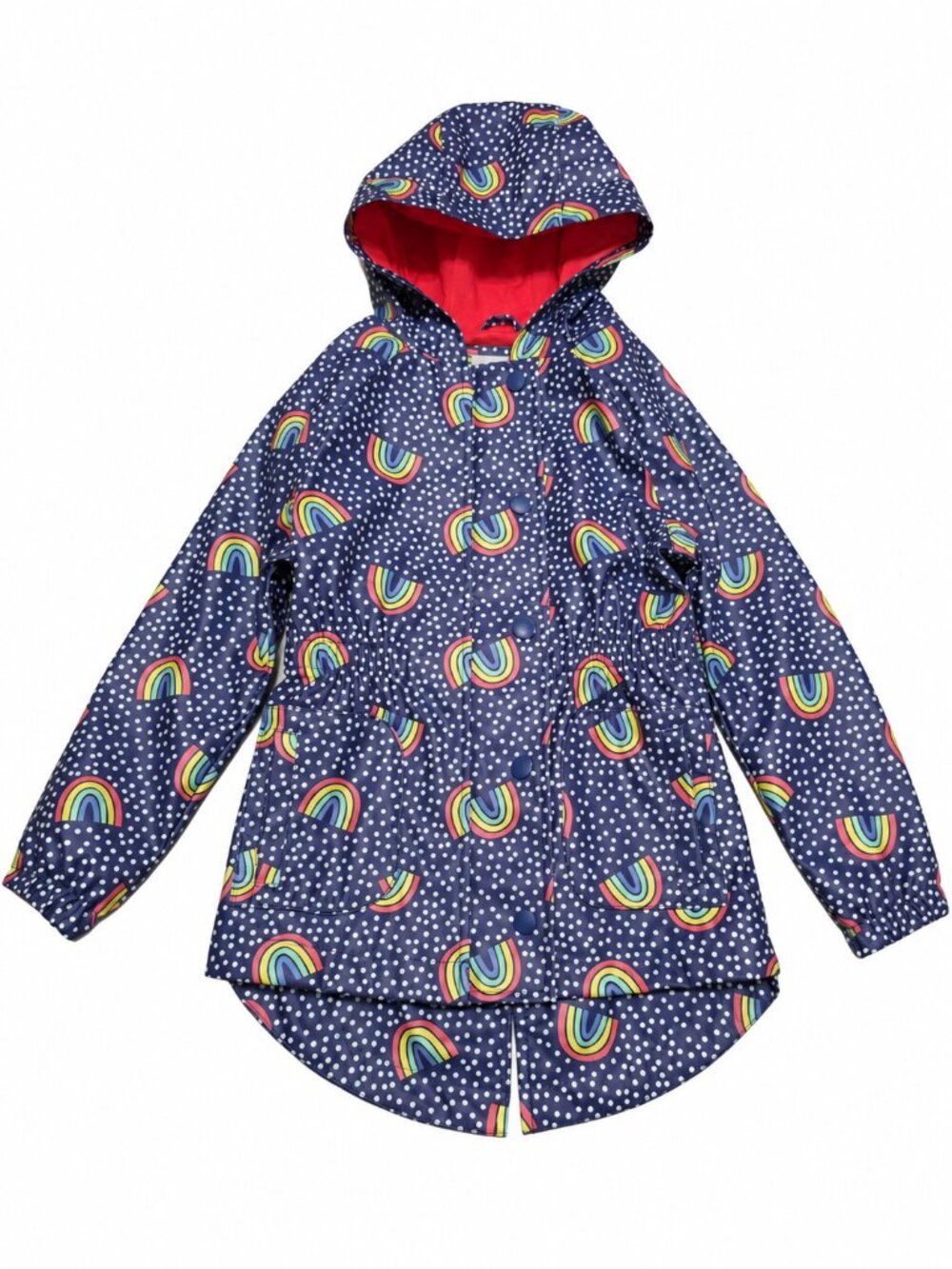Cat & Jack Girls Raincoat Size 4/5 Navy Rainbow Polka Dot Hooded Jacket